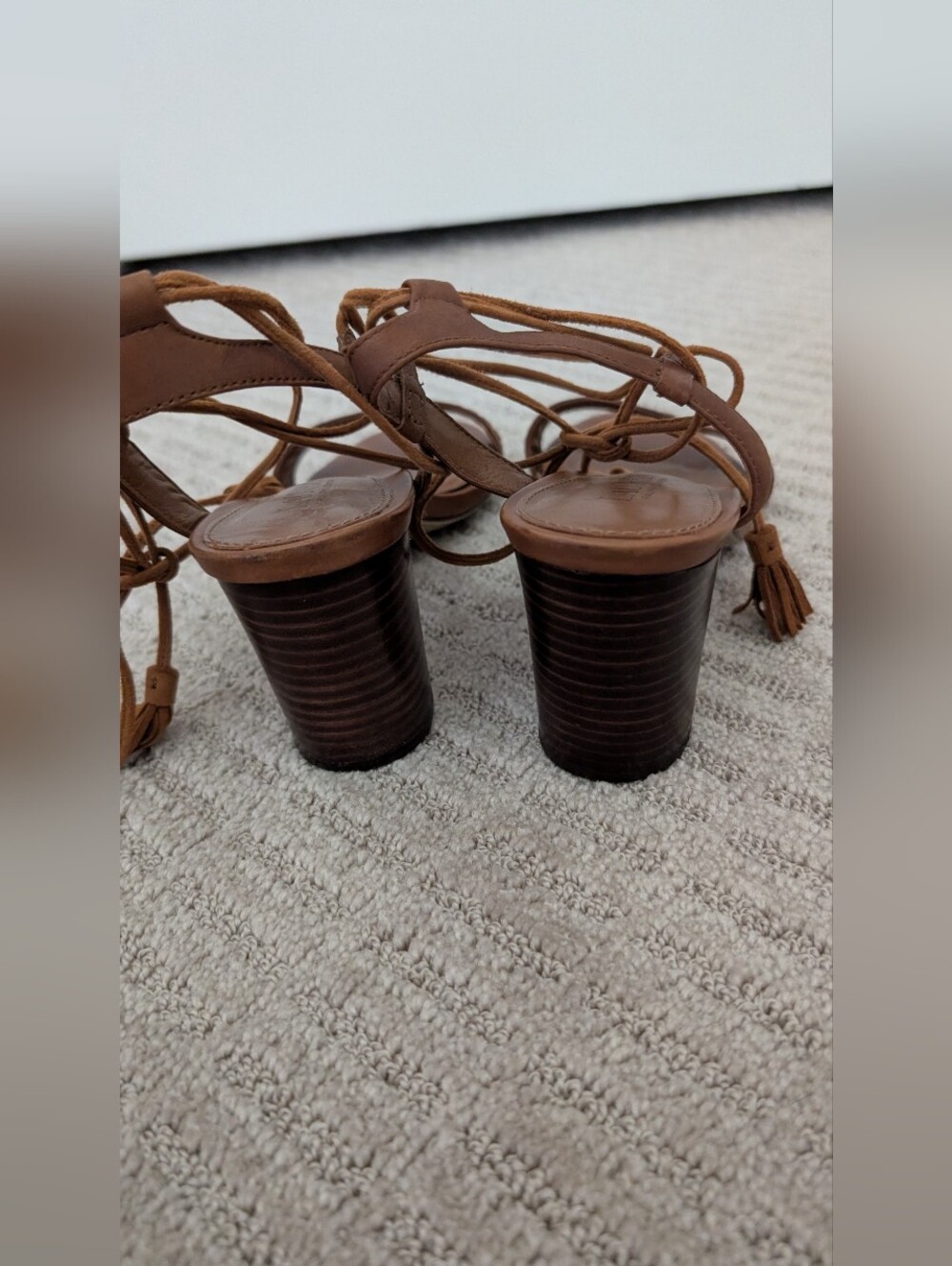 Ralph Lauren Cognac Leather Ankle-Tie Block Heel Sandals 9.5 - Picture 7 of 11